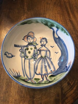 M A Hadley Pottery Country Scene Blue Farmer Wife 11 " Serving Bowl