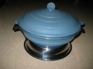 Vintage Glasbake Art Deco Blue Covered Casserole With Chrome/black Stand 1930 
