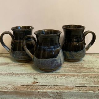 3 Pc Set Of Hand Thrown Pottery Stoneware Mugs Blue Signed