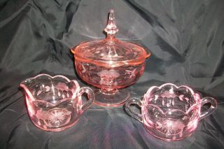 Vintage Pink Depression Glass Etched Scalloped Sugar Creamer Covered Candy Dish