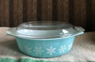 Vintage Pyrex Baking Casserole Dish W Lid Turquoise Snowflake 043 1.  5 Qt