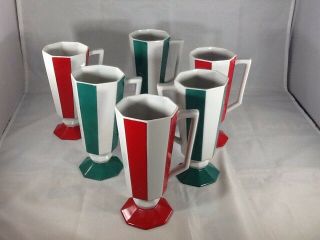 Set Of 6 Seyei Coffee Mug Cups Footed Vtg Japan Red,  White,  Green