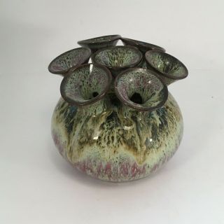 Vintage Lee Levy Studio Pottery Multiple Bud Vase Purple Green Glaze Hand Thrown