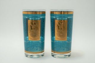 Vintage Mid Century Teal & Gold Highball Glasses - Set Of 2 - Barware Culver