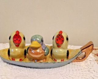 Vintage Noritake Luster Ware Ducks Salt & Pepper Shakers Tray Condiment Japan