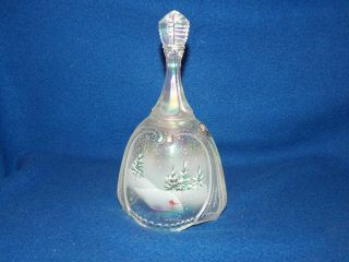 Handpainted Fenton Opalescent Snow Scene W/ Pine Trees Cardinal Signed Bell 95th 2