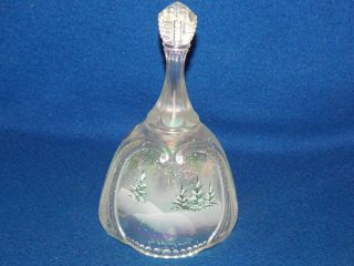 Handpainted Fenton Opalescent Snow Scene W/ Pine Trees Cardinal Signed Bell 95th 4