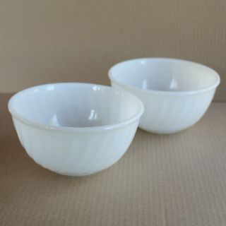 Set 2 Vintage Milk Glass Fire King 7” White Swirl Mixing / Serving Bowl - Ah