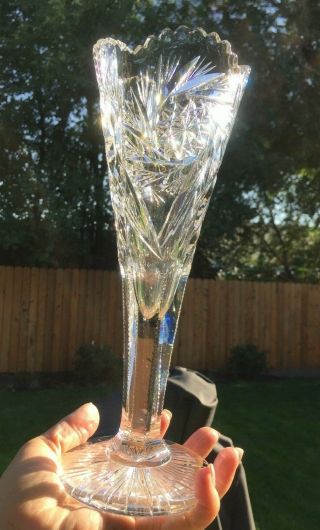 Vintage Brilliant Cut Clear Crystal Glass Vase Starburst Design Sawtooth Edging