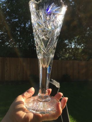 Vintage Brilliant Cut Clear Crystal Glass Vase Starburst Design Sawtooth Edging 2