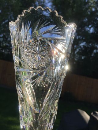 Vintage Brilliant Cut Clear Crystal Glass Vase Starburst Design Sawtooth Edging 3
