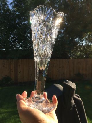 Vintage Brilliant Cut Clear Crystal Glass Vase Starburst Design Sawtooth Edging 4
