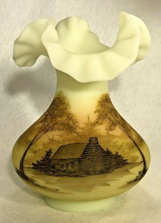 Fenton Custard Glass Ruffled Log Cabin Vase 7 " Uranium Glow Hand Painted