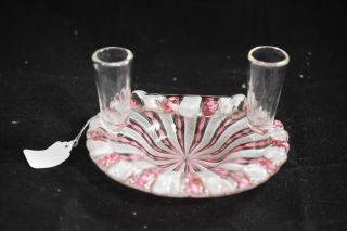 Salviati Murano Lattacino Glass Bowl Pink/white Ribbons W/ 2 Sm Vases