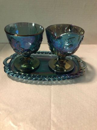 Vintage Indiana Glass Blue Carnival Grape Harvest Footed Creamer And Sugar Trio