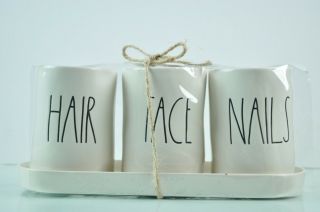 Rae Dunn By Magenta Hair Face Nails Bathroom Cup Holder Make Up Tray Set