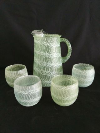 Vintage Mid Century Green Color Craft Spaghetti String Pitcher And Cups Mcm