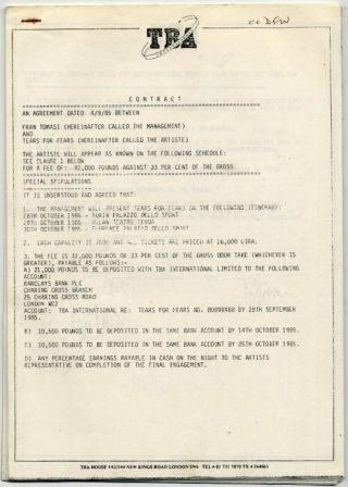 Tears For Fears Legal Agreement October 1985 Italy Tour