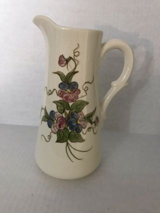 Cash Family Hand Painted Pottery Pitcher Blue And Pink Flowers Violets