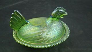 Indiana 7 Inch Lime/emerald Green Carnival Hen On Nest Glass Covered Candy Dish