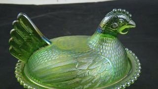Indiana 7 Inch Lime/Emerald Green Carnival Hen On Nest Glass Covered Candy Dish 2