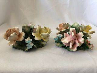 Set Of 2 Vintage Nuova Capodimonte Italian Porcelain Flower Candle Holder Floral