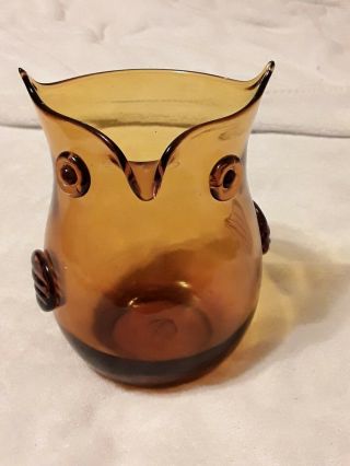 Vintage Mid Century Blown Glass Amber Owl Vase 8 " Applied Eyes Wings