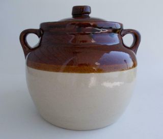 Large 4 Quart Western Stoneware Baked Bean Pot Brown & Tan W/cover Usa