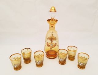Glass Decanter & 6 Glasses Murano Italy Gold Encrusted Hand Painted Yellow Amber