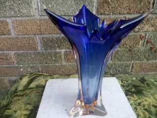 Vtg Murano Italy Glass Vase Cobalt Blue Clear Orange Cast Base 12 "
