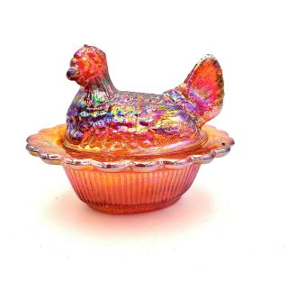 Mosser Miniature Chicken Hen On Nest Salt Dip Orange Iridescent Carnival Glass
