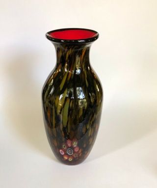 Vintage Murano Cased Millefiori Multi - Color Art Glass Vase Red Interior Euc