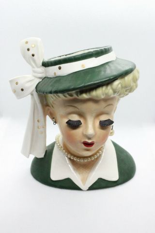 Vintage 1956 Napco Lady Head Vase/planter Pearl Earring/necklace Green C2633b