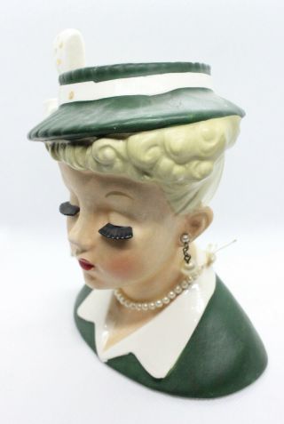 VINTAGE 1956 NAPCO LADY HEAD VASE/PLANTER PEARL EARRING/NECKLACE GREEN C2633B 2