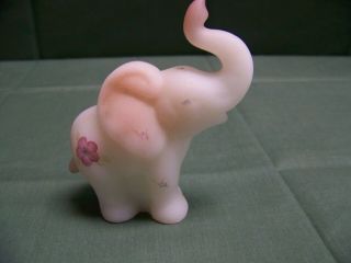 Vintage Fenton White Satin Glass Elephant With Hand Painted Floral Design Signed