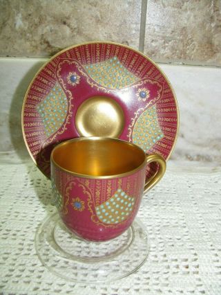 Vint.  Black Knight Demitasse Cup And Saucer - Red W/intricate Gold & Moriage Aqua
