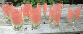 8 Vintage Shabby Federal Glass Tumblers Floral Pink Coral Flowers 1950 