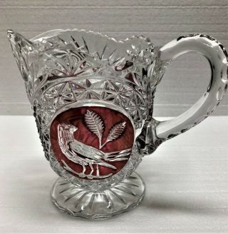Hofbauer Bleikristall Ruby Red Byrdes Lead Crystal Footed Pitcher 6.  25 "