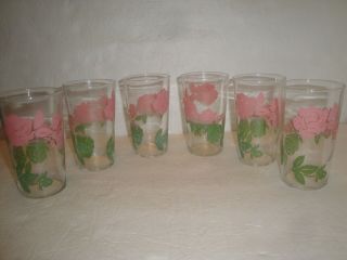Vintage Federal Glass Drinking Glass Pink Flowers Roses Set Of 6 1950 