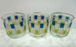 Libbey Nordic Blue Green White Square Geometric Juice Glasses Vintage Retro
