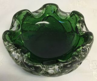 Vintage Emerald Green Murano Art Glass Mid Century Modern Hand Blown Bowl