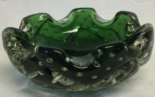 Vintage Emerald Green Murano Art Glass Mid Century Modern Hand Blown Bowl 2
