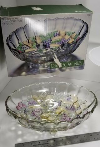 12 " Indiana Glass Rainbow Mist Clear W/ Colored Fruit Footed Oval Bowl W/box