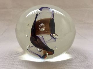 Signed Karg Studios Paperweight Hand Blown Art Glass Purple Brown Swirl Bubbles