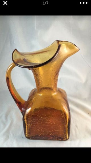 Vintage Hand Blown Amber Crackle Art Glass Pitcher Applied Clear Handle Excellen