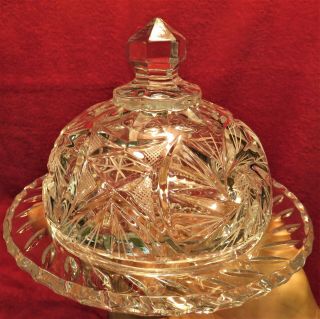 Hand Cut 24 Lead Crystal Round Covered Butter Dish Poland W Tag 6 1/4 X 4 1/2