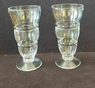 2 Vintage Clear Glass Footed Ice Cream Sundae Glasses Soda Fountain Rib & Band