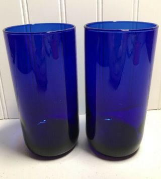 Set Of 2 - Vintage Libbey Cobalt Blue Highball Cooler Tumbler Glasses Round Base