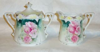 Rs Prussia Creamer And Lidded Sugar Bowl Red Star Mark Pink Poppy Gold Highlight