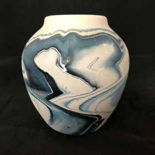 Large Nemadji Pottery Vase W/ Swirled Grays Blues White Black Stamped